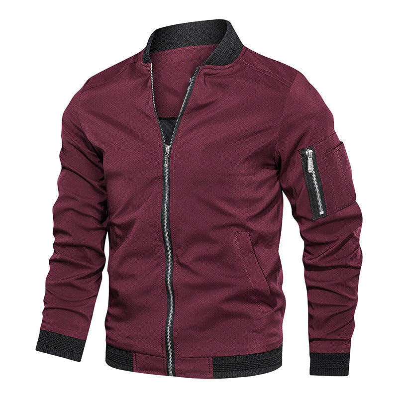 Men's Bomber Jacket, Contrast Ribbed Trim Zip-Up Coat with Sleeve Pocket