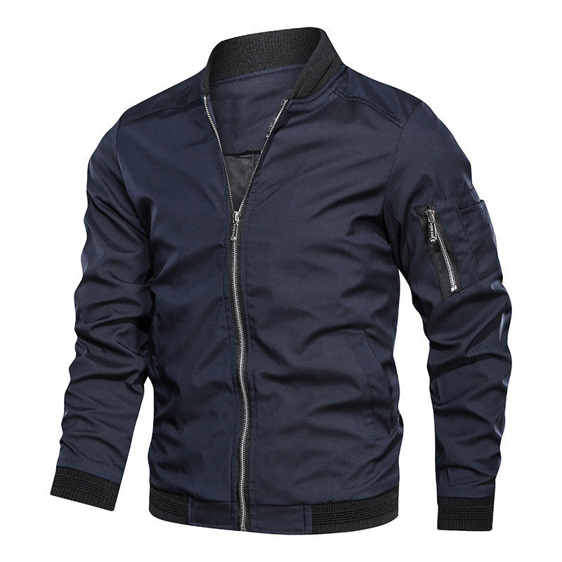 Men's Bomber Jacket, Contrast Ribbed Trim Zip-Up Coat with Sleeve Pocket