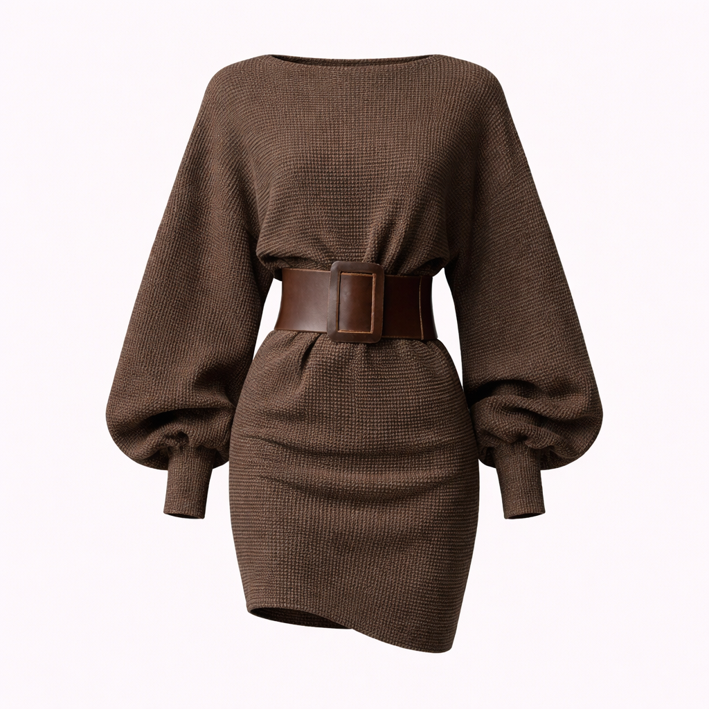 Mini Dress In Knit With Belt Detail - Xs / Bruin - Grand Lumaire Mini Dress In Knit With Belt Detail - Xs / Bruin - Grand Lumaire