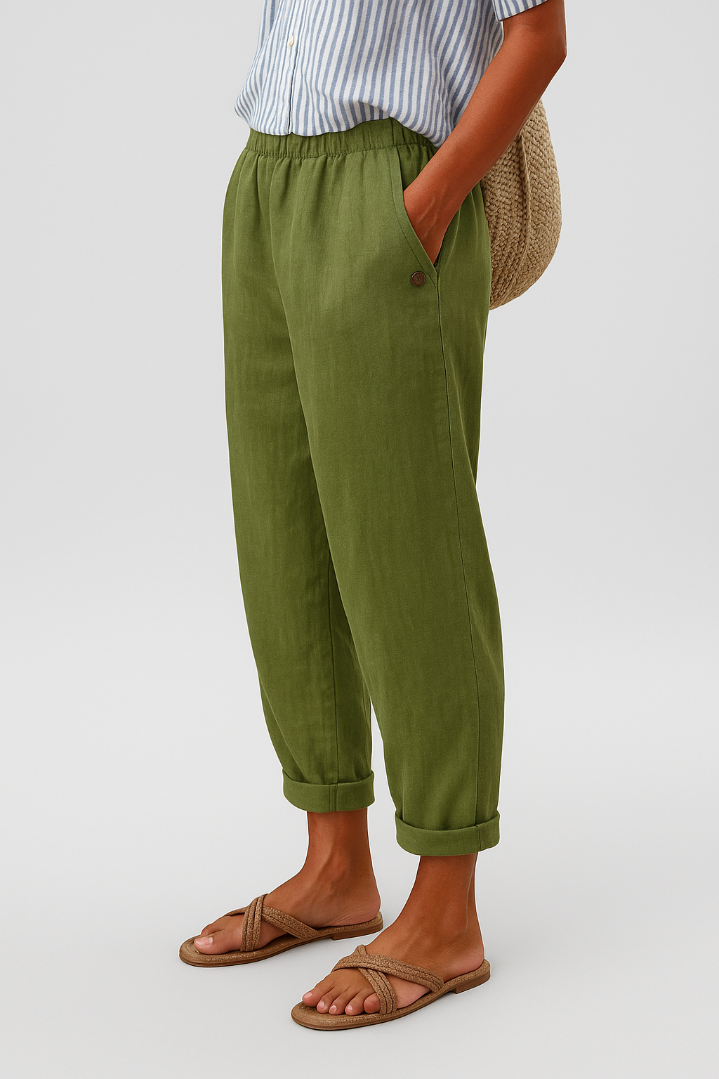 Women's Cropped Straight Leg Pants Woven Fabric Side Pocket