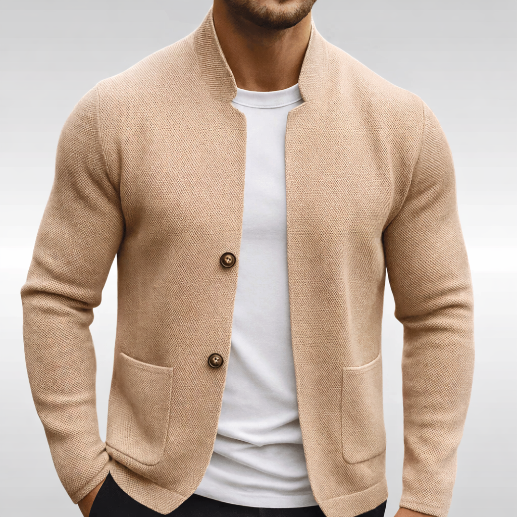 Men's Textured Knit Cardigan Mandarin Collar Patch Pockets