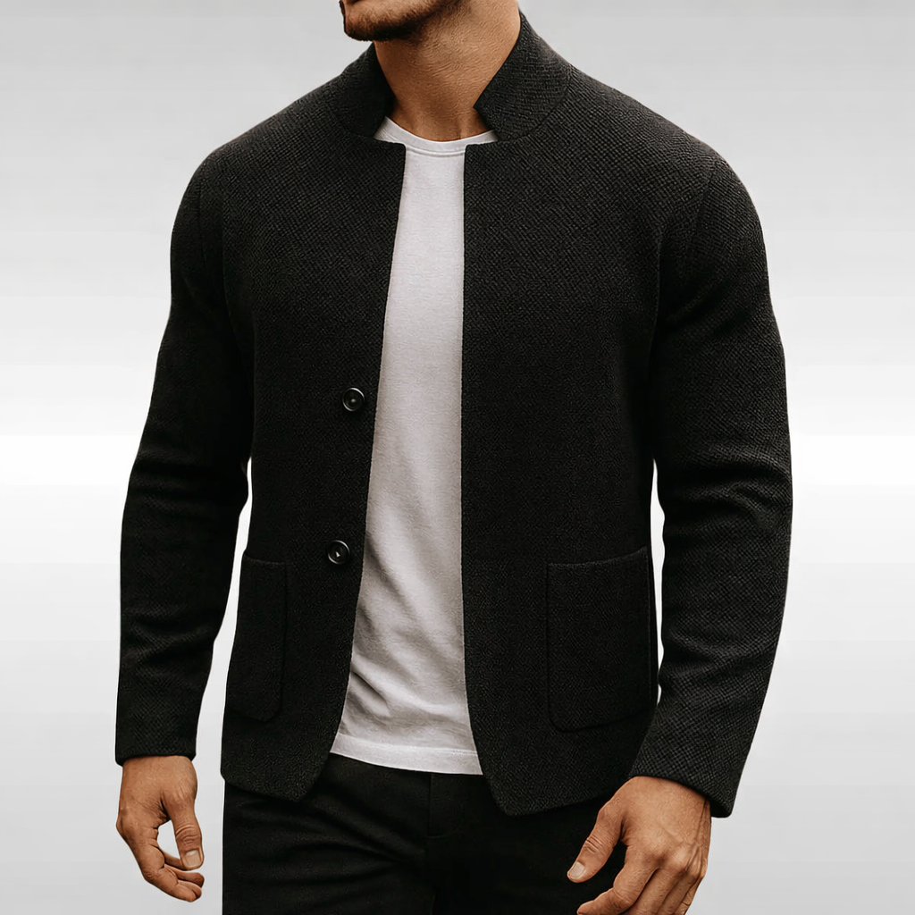 Men's Textured Knit Cardigan Mandarin Collar Patch Pockets