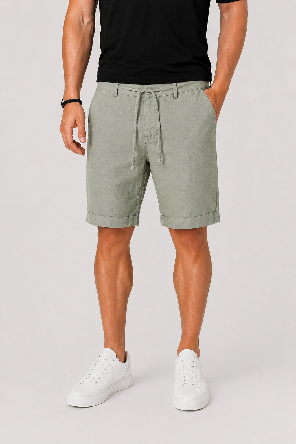 Men's Linen Shorts Drawstring Waist Rolled Hem Side Pockets Smart Casual