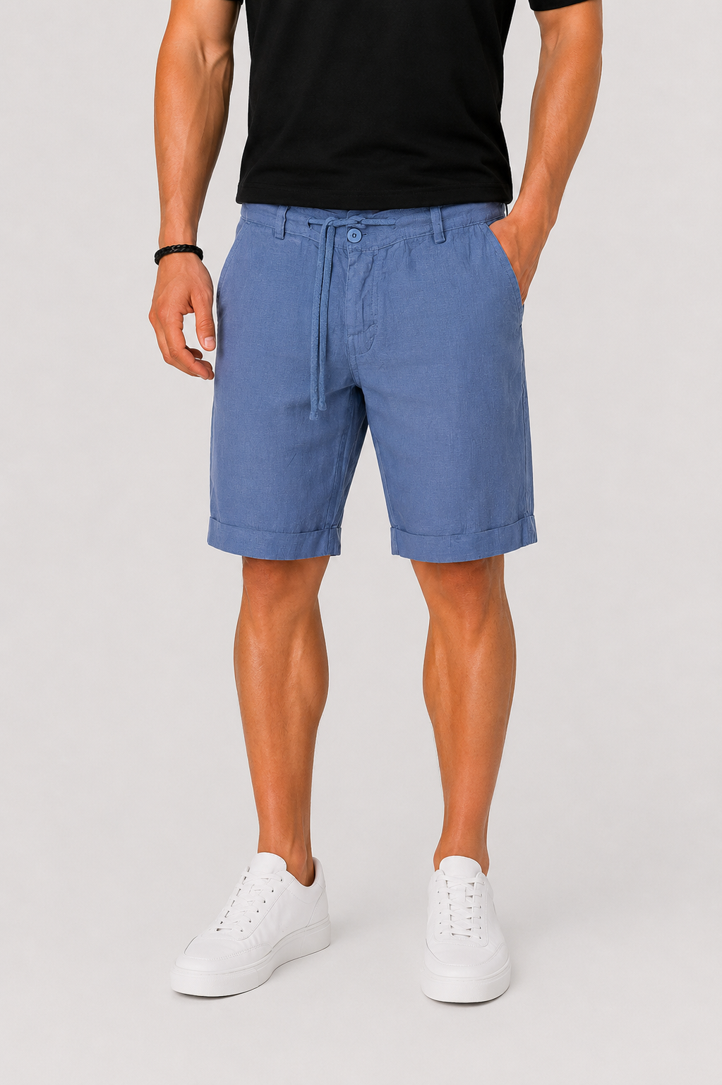 Men's Linen Shorts Drawstring Waist Rolled Hem Side Pockets Smart Casual