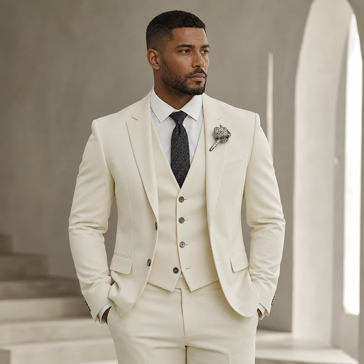 Men's Three Piece Suit Woven Fabric Peak Lapel Tailored Fit Formal