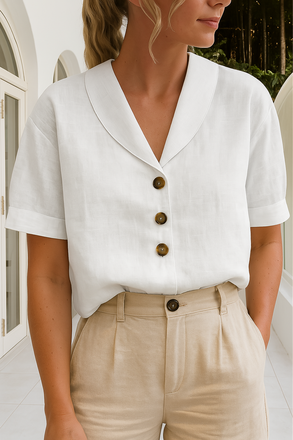 Women's Button Up Blouse Woven Fabric V Neck Short Sleeve