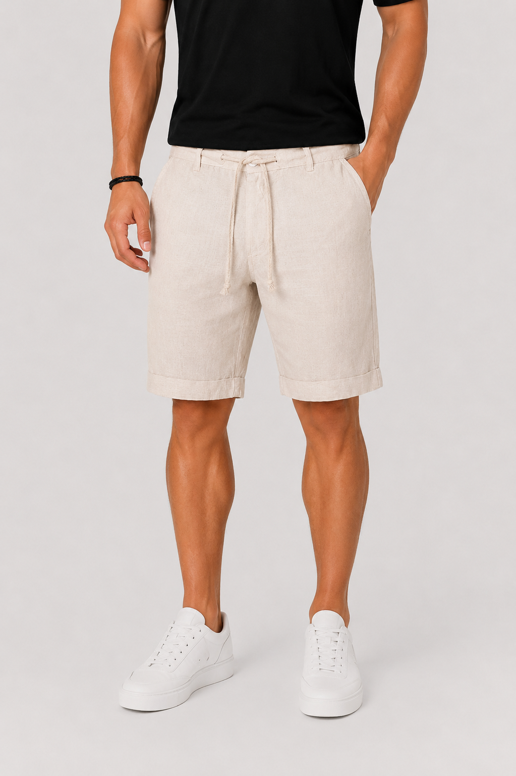 Men's Linen Shorts Drawstring Waist Rolled Hem Side Pockets Smart Casual