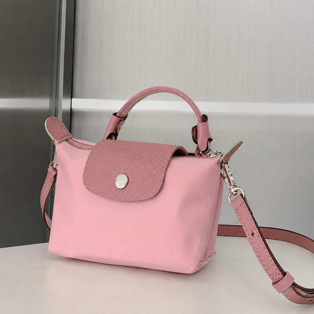 Women’s Mini Crossbody Grab Bag with Leather Trim, Top Handle and Flap Closure