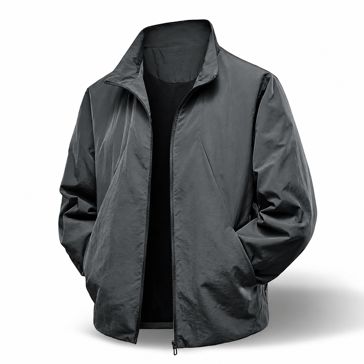 Men's Lightweight Zip Jacket, Stand Collar Bomber Style Coat with Ribbed Cuffs