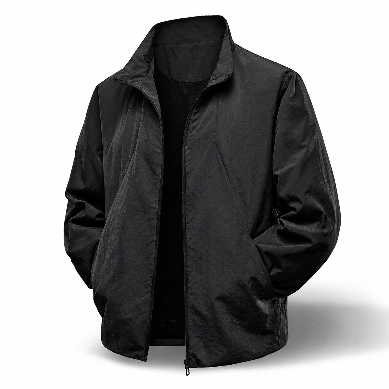 Men's Lightweight Zip Jacket, Stand Collar Bomber Style Coat with Ribbed Cuffs