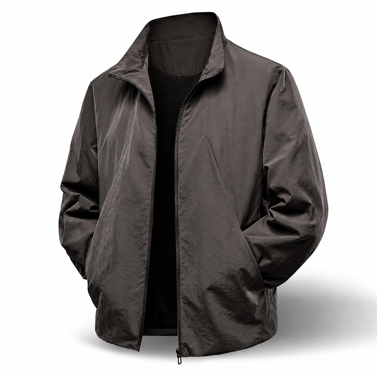 Men's Lightweight Zip Jacket, Stand Collar Bomber Style Coat with Ribbed Cuffs
