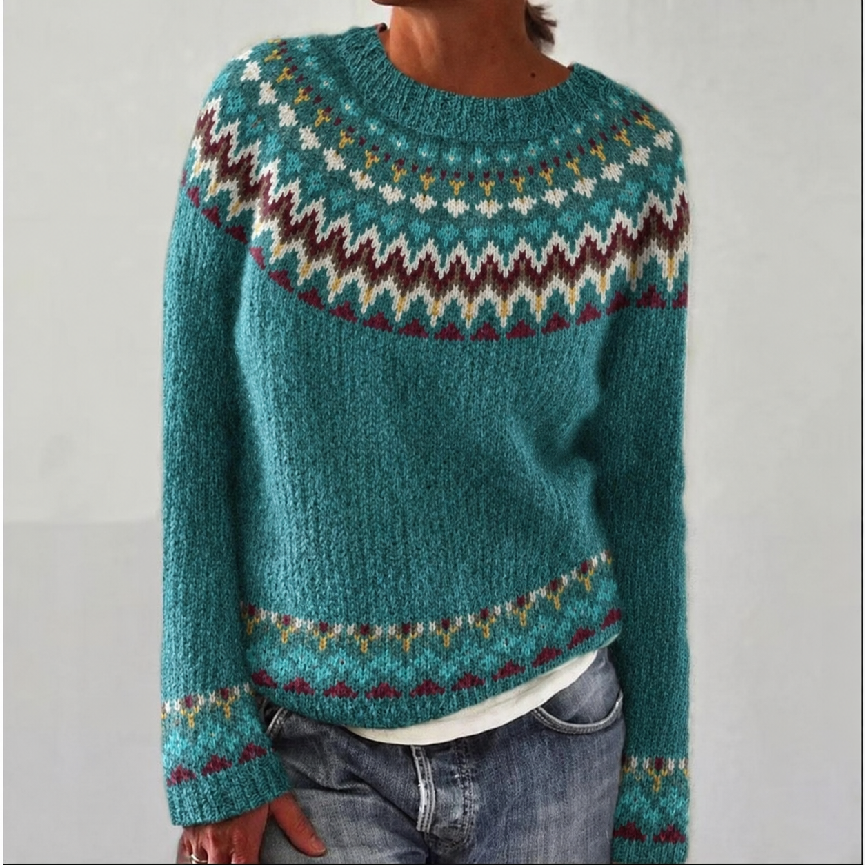 Women's Fair Isle Jumper, Crew Neck Yoke Pattern Loose Fit Knitwear
