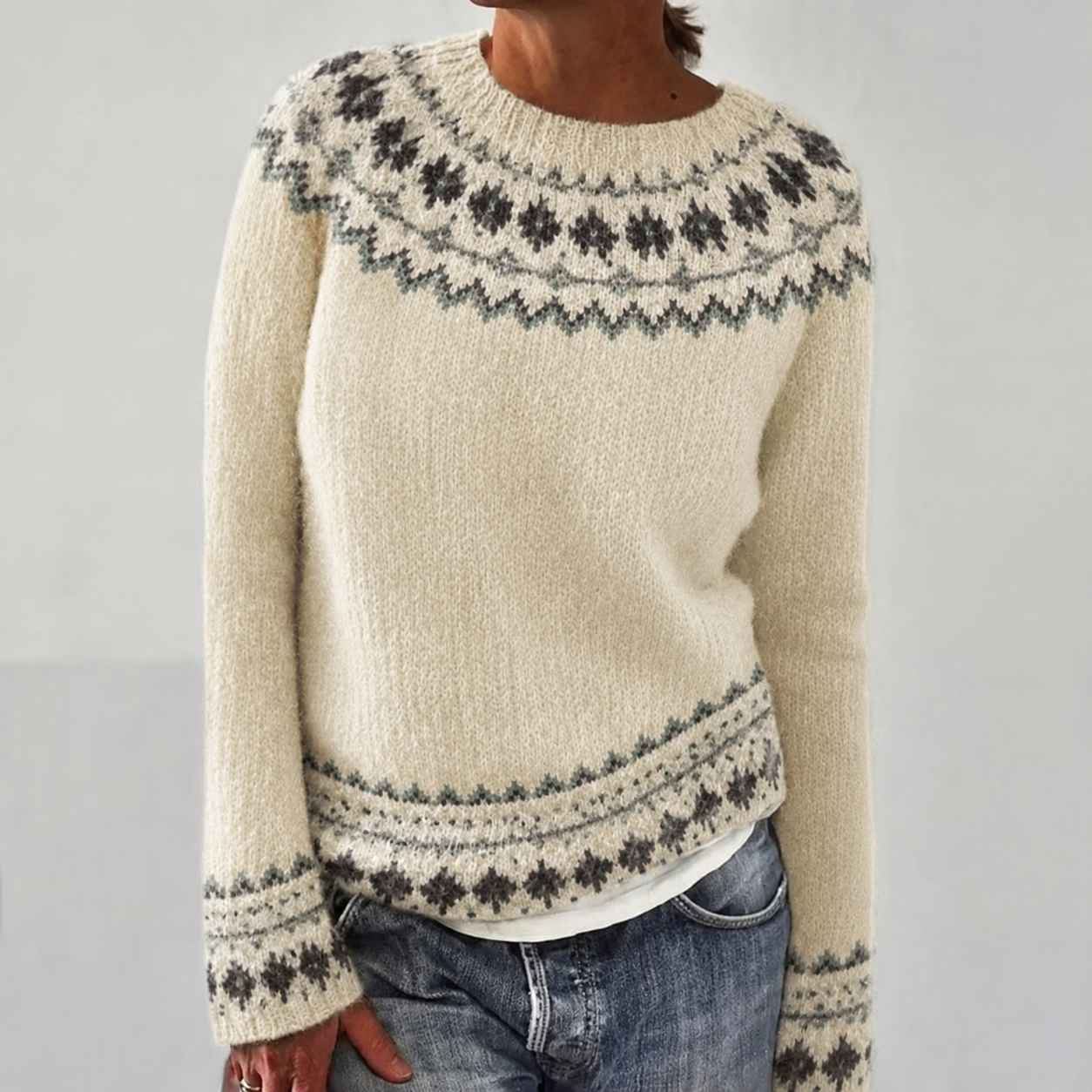 Women's Fair Isle Jumper, Crew Neck Yoke Pattern Loose Fit Knitwear