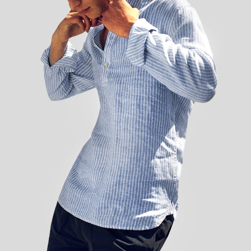 Men's Henley Shirt Cotton Linen Blend Stripe Long Sleeve Relaxed Fit
