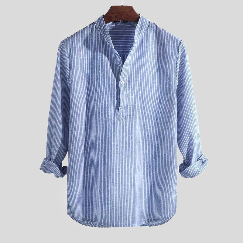 Men's Henley Shirt Cotton Linen Blend Stripe Long Sleeve Relaxed Fit