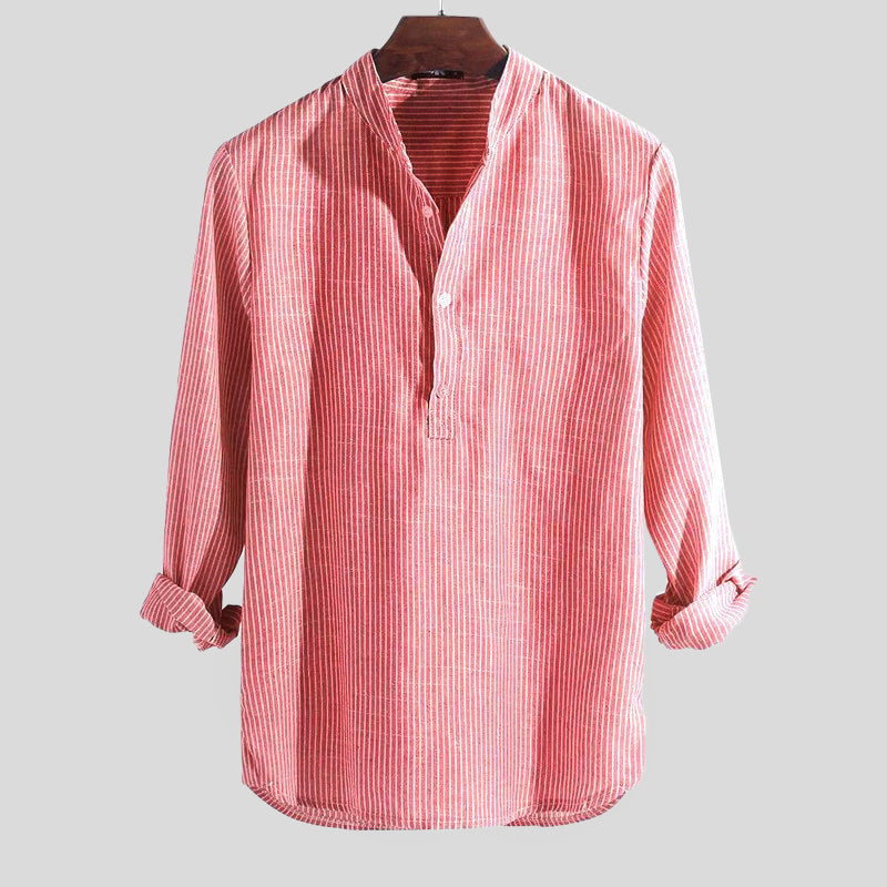 Men's Henley Shirt Cotton Linen Blend Stripe Long Sleeve Relaxed Fit
