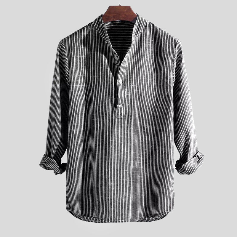 Men's Henley Shirt Cotton Linen Blend Stripe Long Sleeve Relaxed Fit