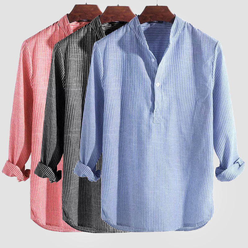 Men's Henley Shirt Cotton Linen Blend Stripe Long Sleeve Relaxed Fit