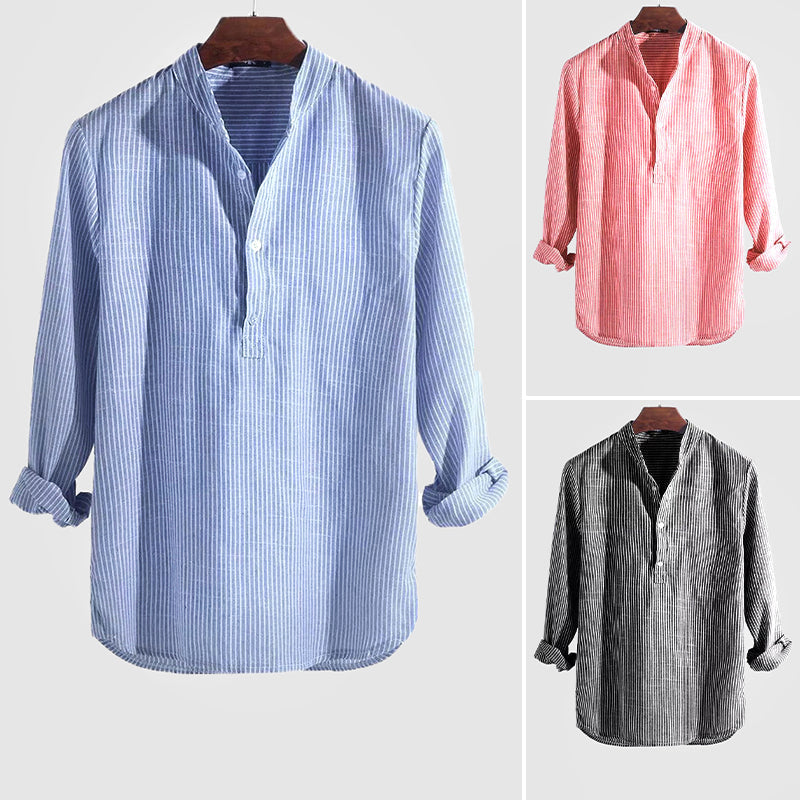 Men's Henley Shirt Cotton Linen Blend Stripe Long Sleeve Relaxed Fit