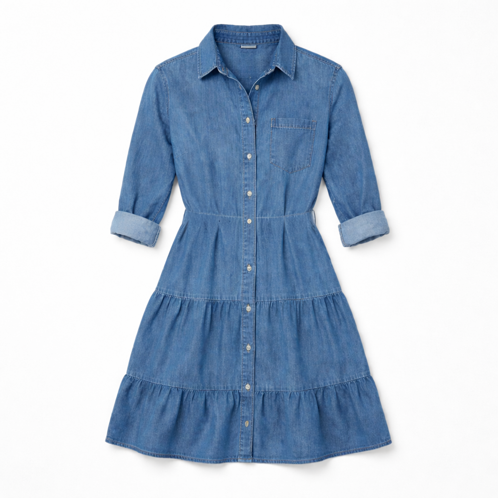Mini Dress Shirt Style with Button Front and Tiered Hem