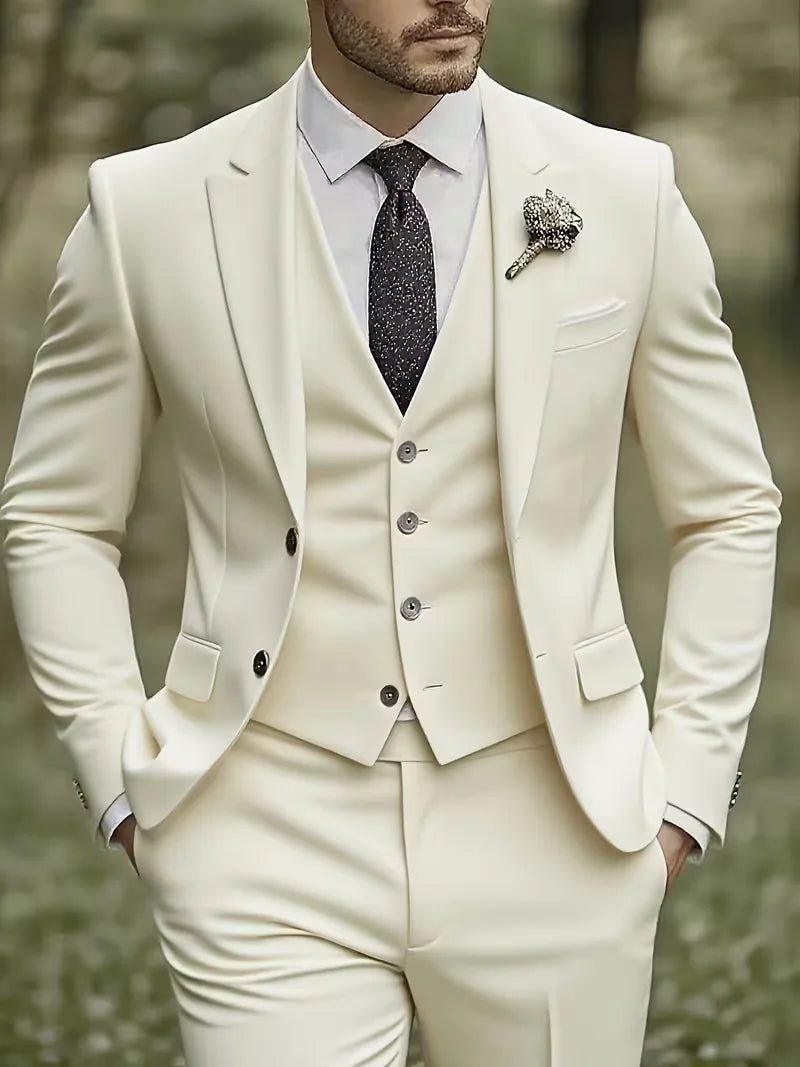 Men's Three Piece Suit Woven Fabric Peak Lapel Tailored Fit Formal