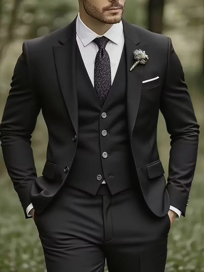 Men's Three Piece Suit Woven Fabric Peak Lapel Tailored Fit Formal