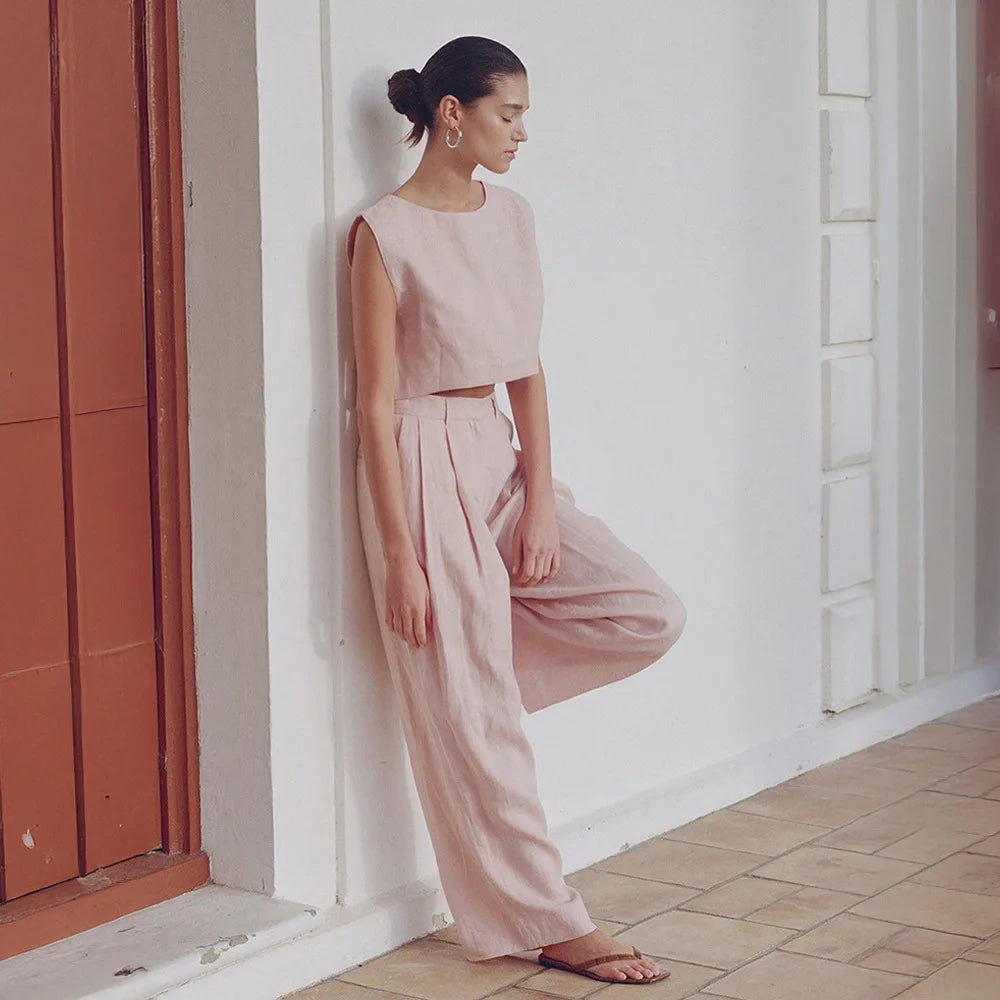 Co-Ord Set Sleeveless Vest and Wide-Leg Pants in Linen Blend
