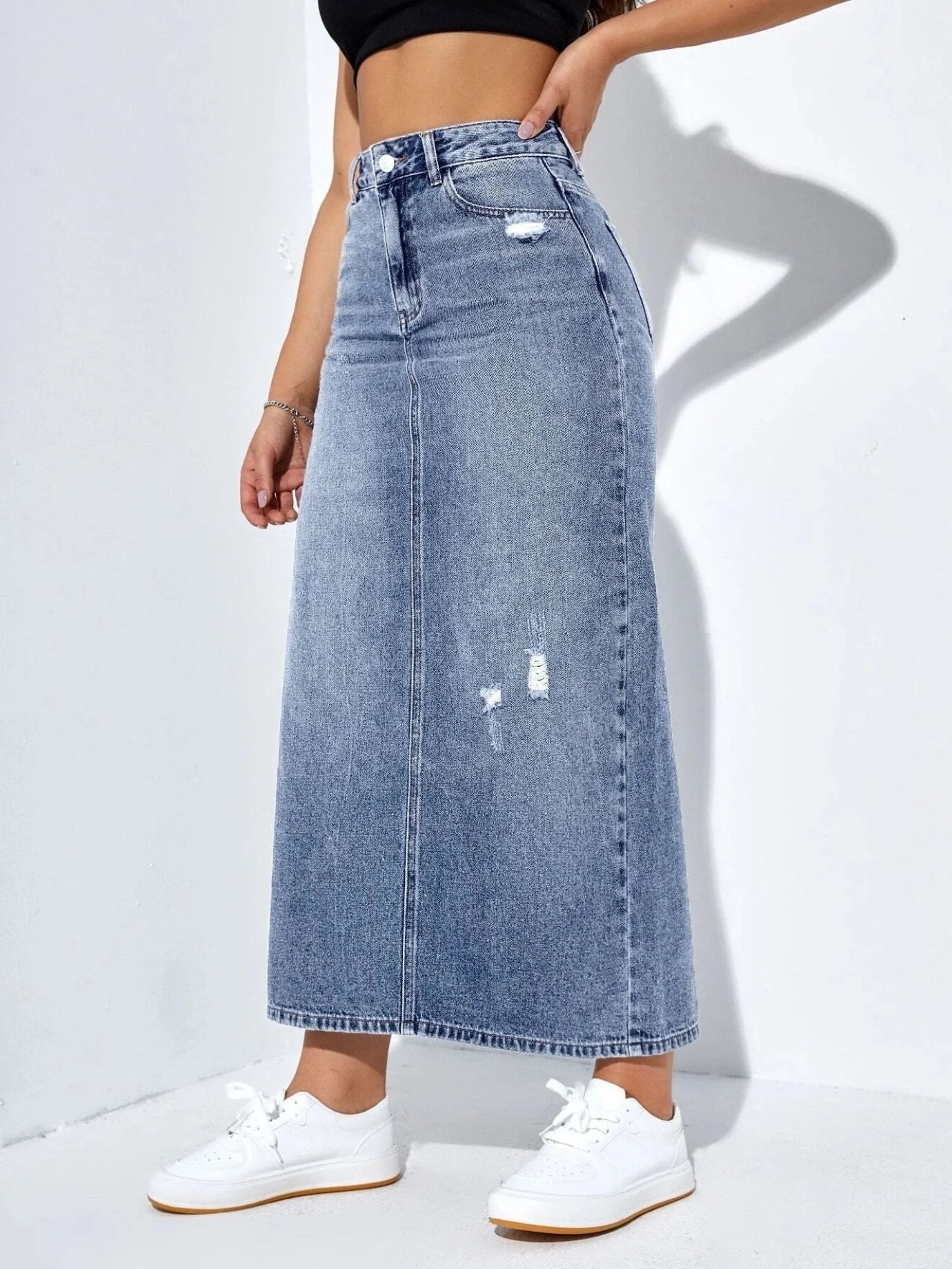 Denim Midi Skirt with High Waist