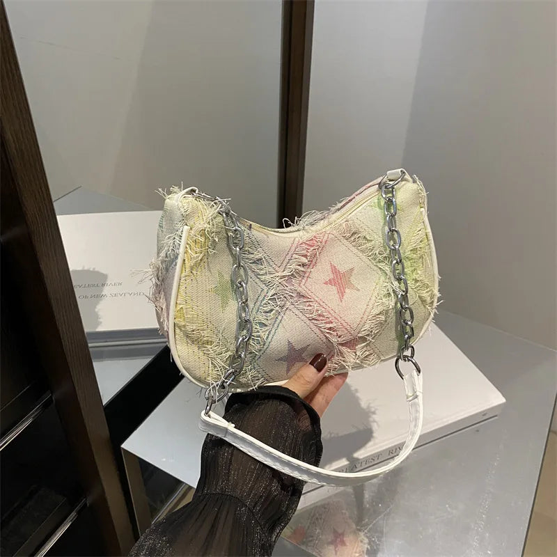 Crossbody Bag with Gradient Star Print and Chain Strap