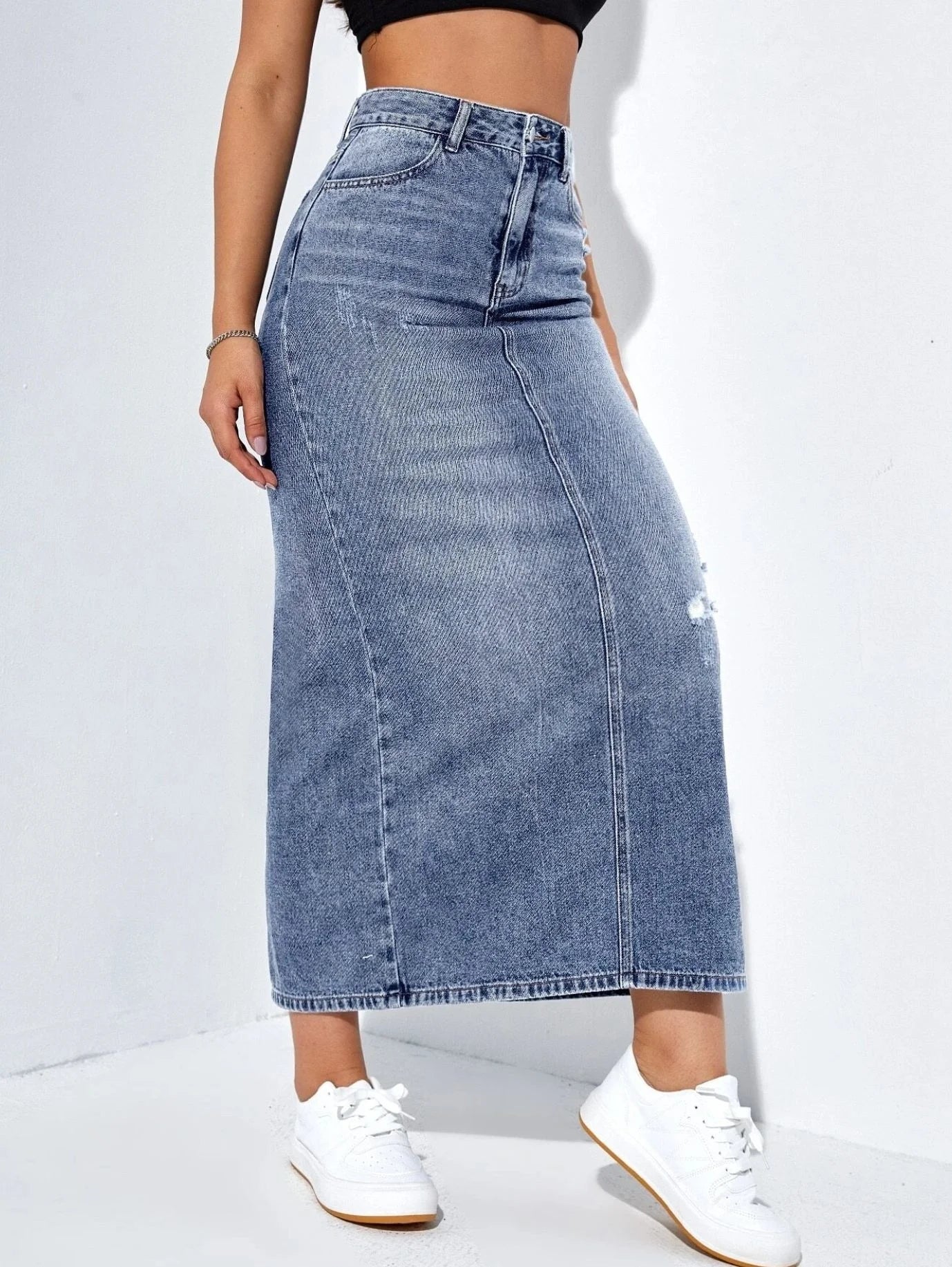 Denim Midi Skirt with High Waist