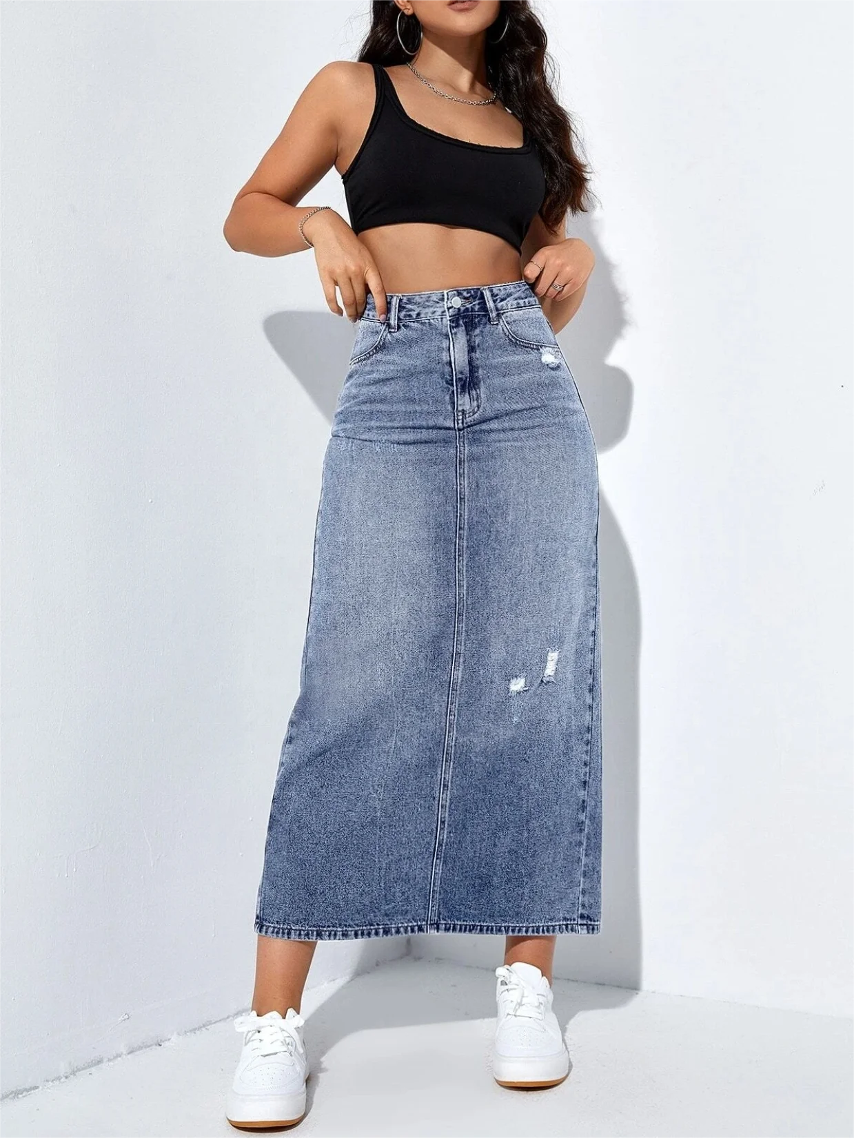 Denim Midi Skirt with High Waist