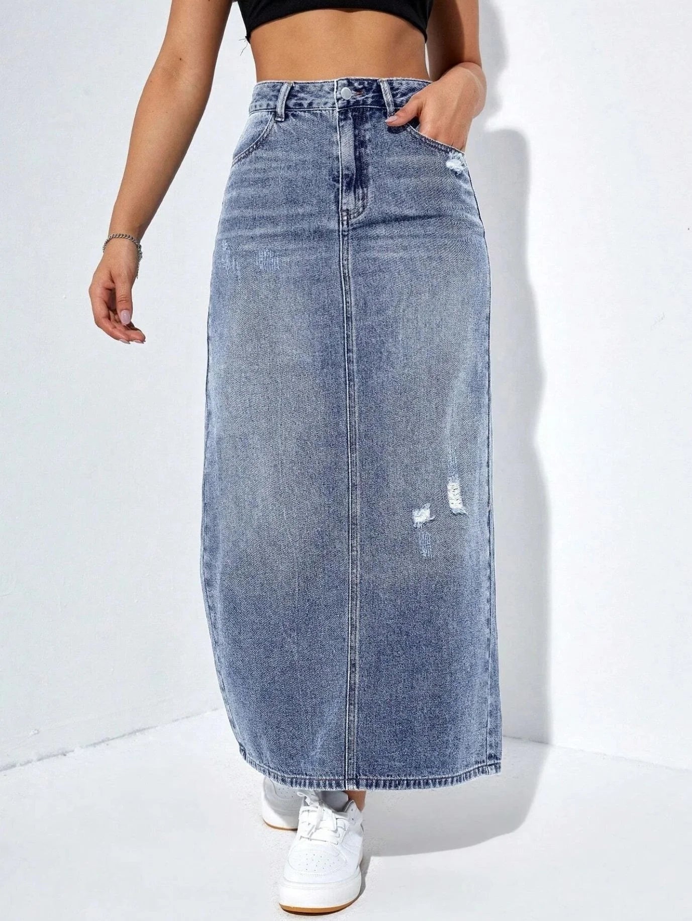 Denim Midi Skirt with High Waist