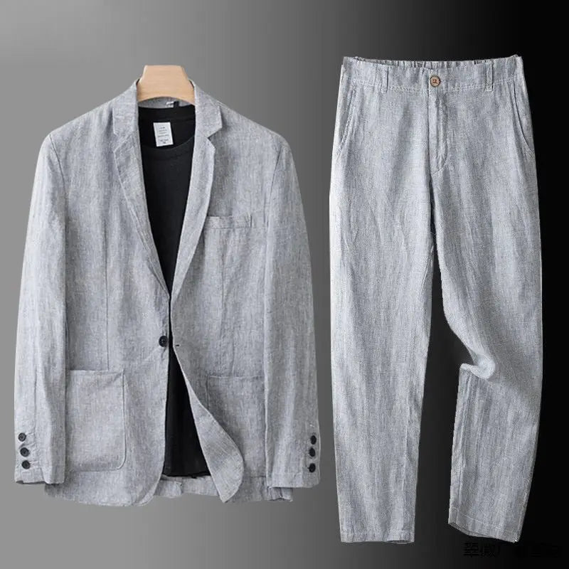 Men's Linen Blend Suit Two Piece Notch Lapel Relaxed Fit Smart Casual