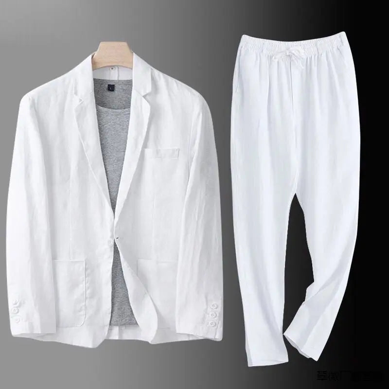 Men's Linen Blend Suit Two Piece Notch Lapel Relaxed Fit Smart Casual