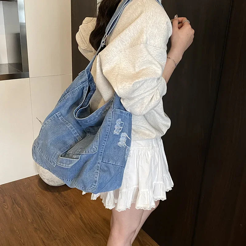 Shoulder Tote Bag in Denim with Large Capacity