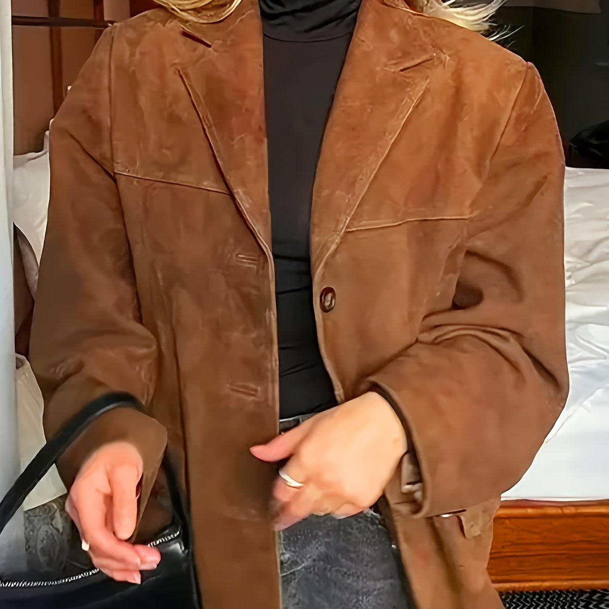 Women's Suede-Look Vintage Jacket, Revere Collar Relaxed Fit Coat