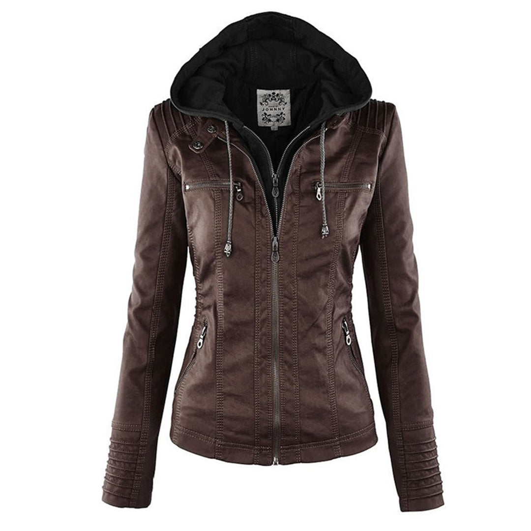 Women's Leather-Look Biker Jacket, Detachable Hood Fitted Zip Coat