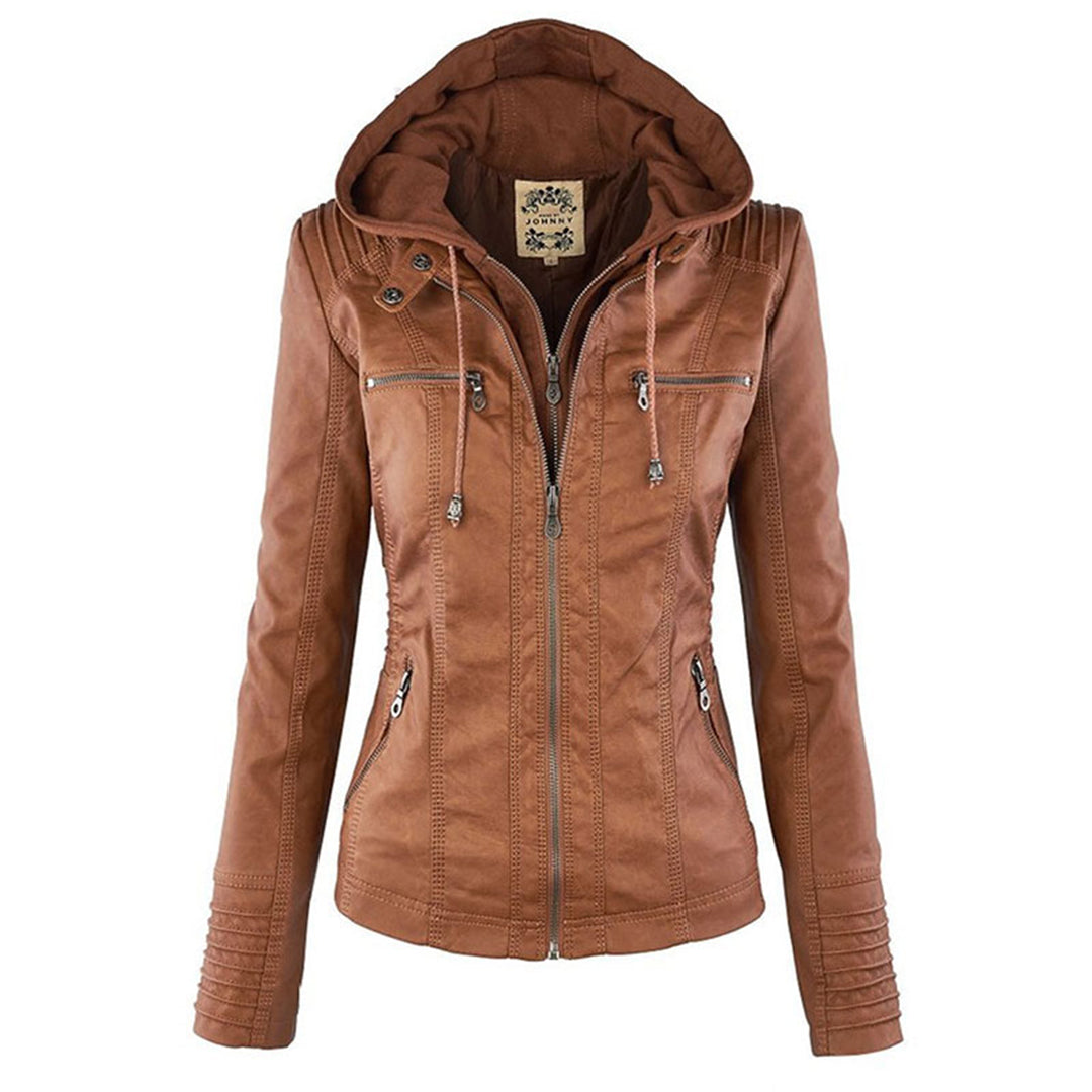 Women's Leather-Look Biker Jacket, Detachable Hood Fitted Zip Coat