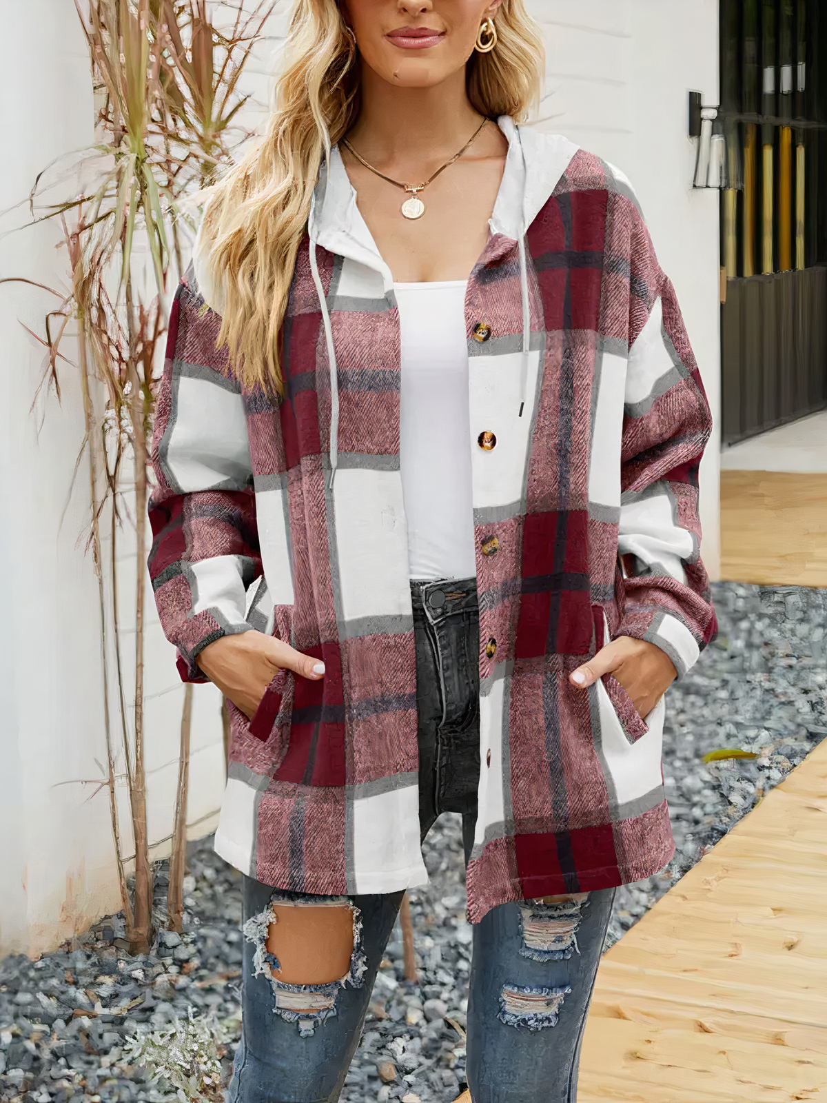 Women's Hooded Check Shacket, Contrast Hood Button-Front Jacket with Pockets
