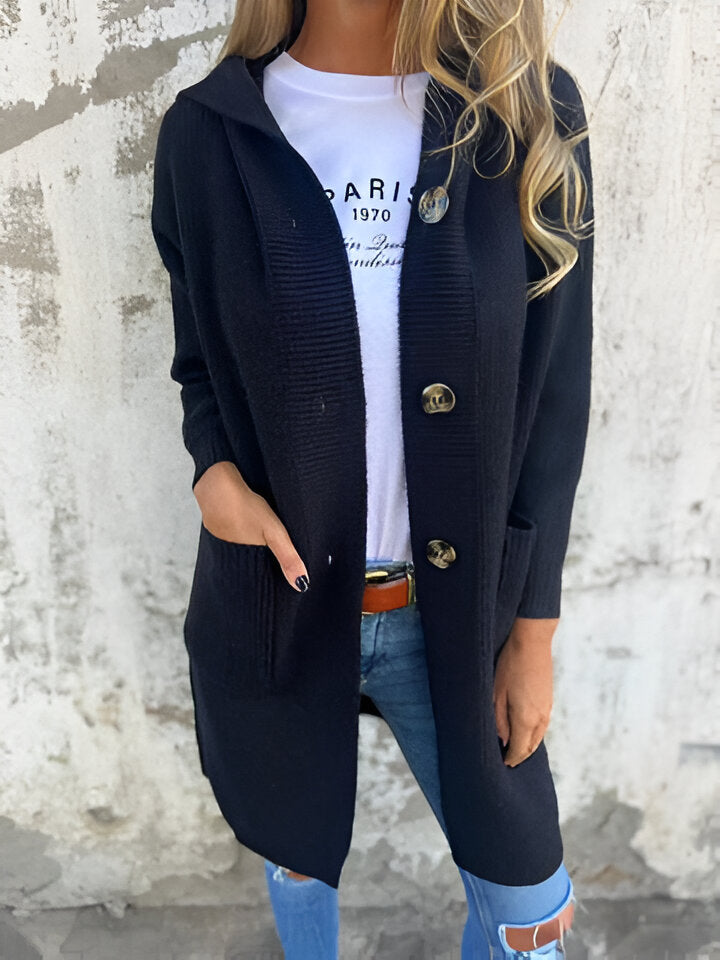 Women's Longline Hooded Cardigan, Button-Front Ribbed Knit Duster