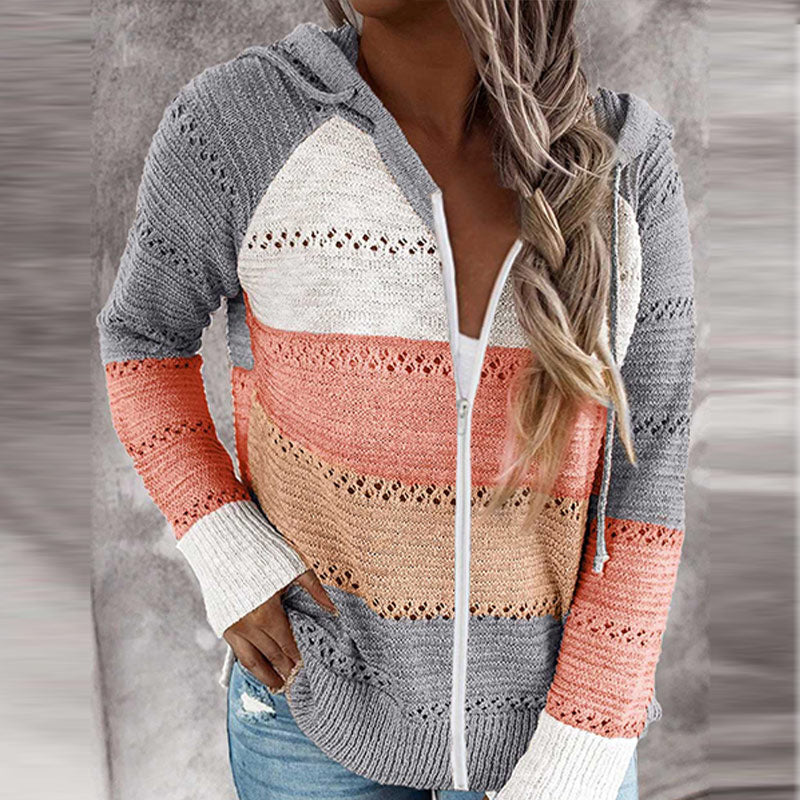 Women's Striped Knit Hooded Cardigan, Zip-Up Open Weave