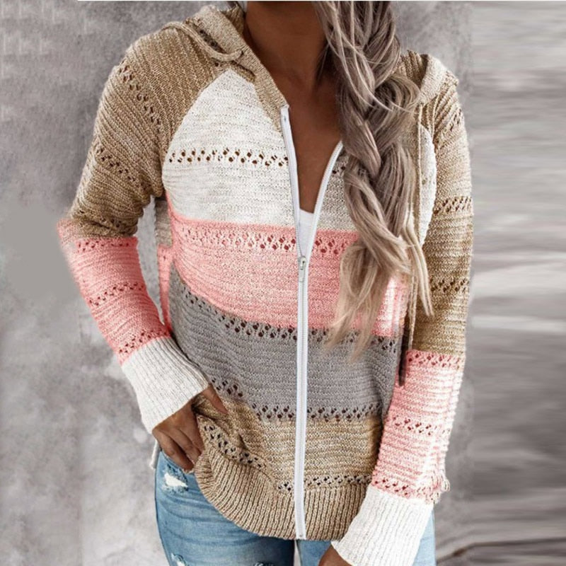 Cora | Women's Striped Zip Knit Hoodie