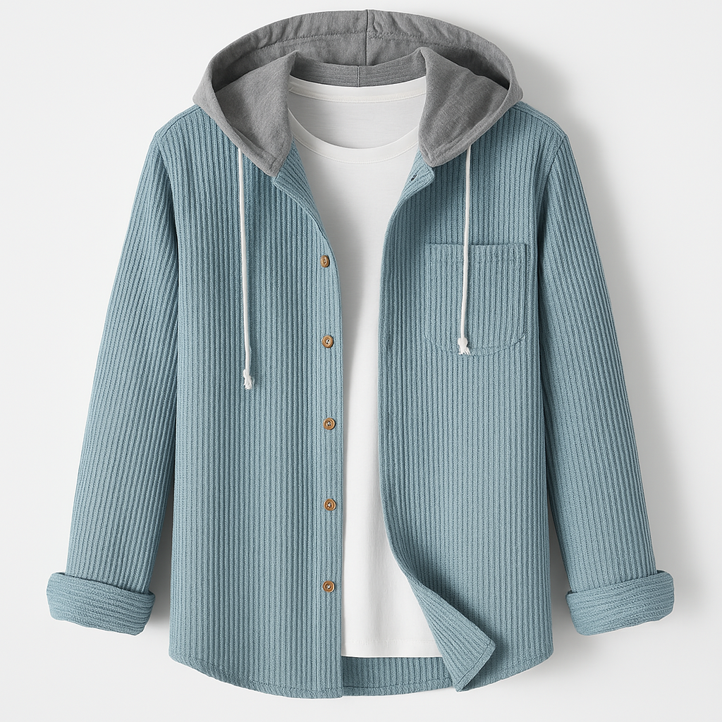 Men's Hooded Jacket, Button-Front Overshirt with Drawstring Hood