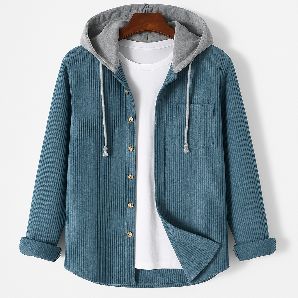 Men's Hooded Jacket, Button-Front Overshirt with Drawstring Hood