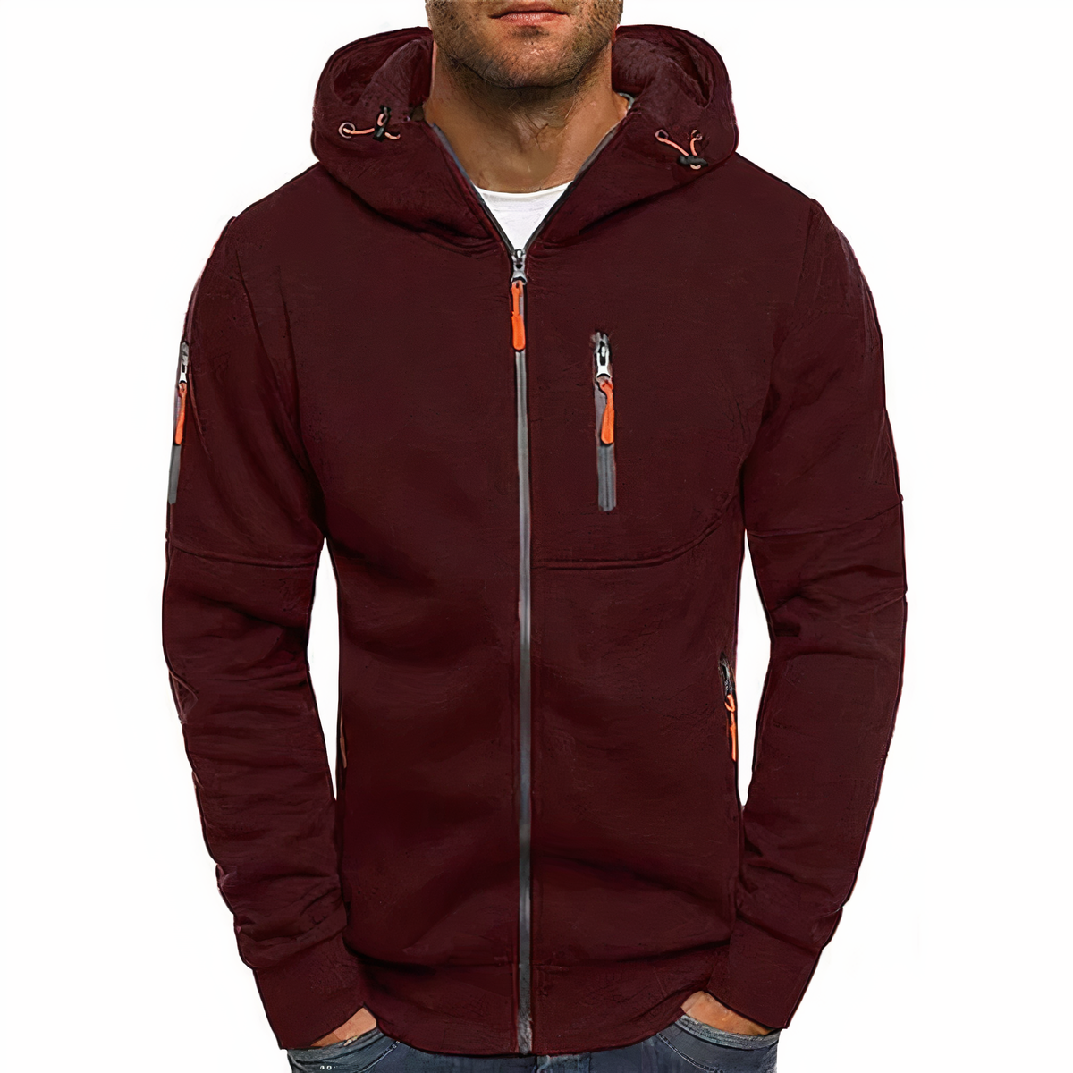 Men's Zip Up Hoodie with Drawstring Hood and Zip Pockets