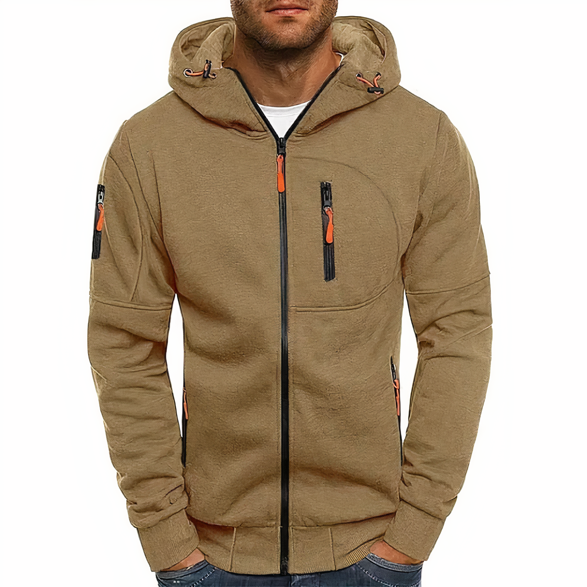 Men's Zip Up Hoodie with Drawstring Hood and Zip Pockets