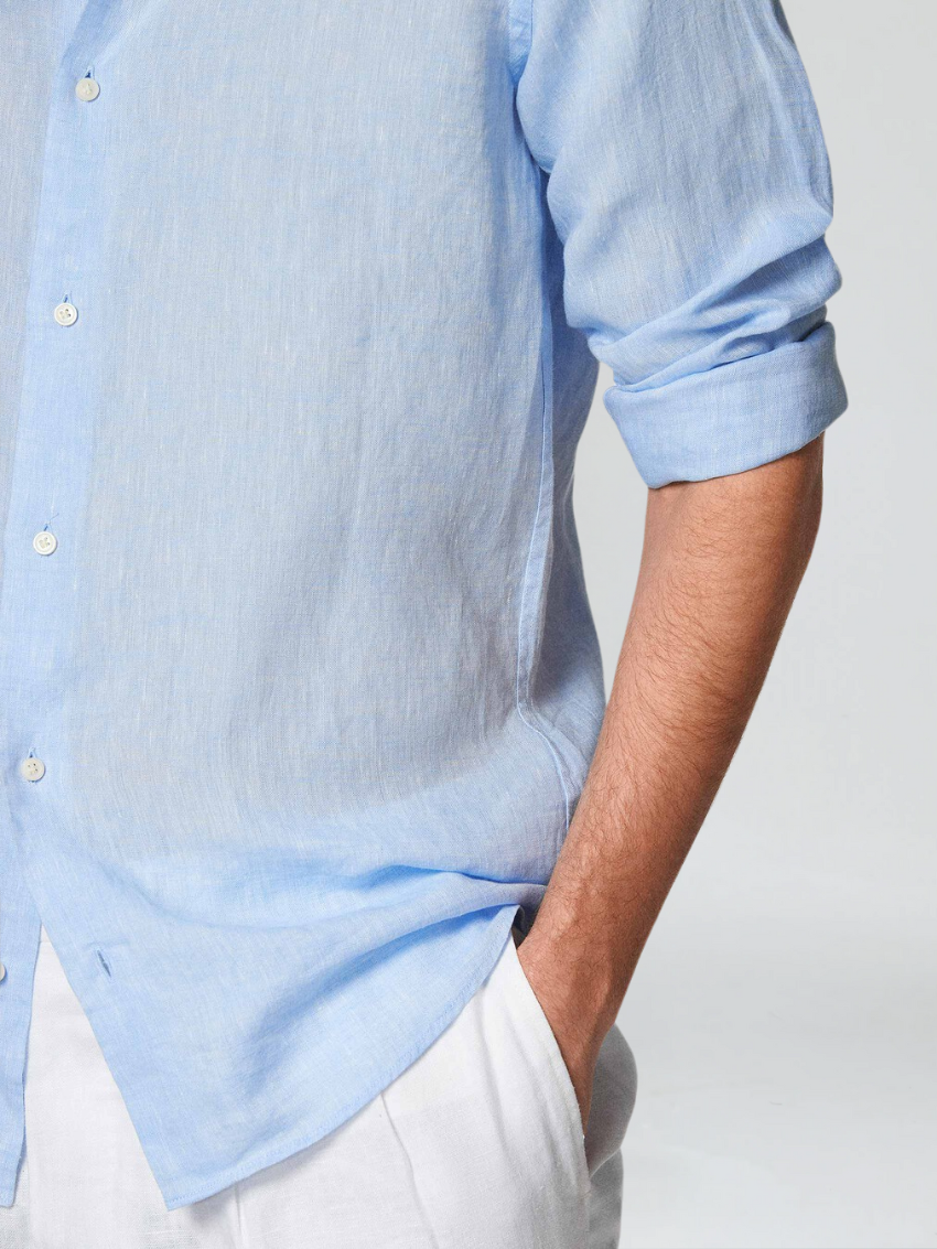 Men's Linen Shirt Camp Collar Long Sleeve Relaxed Fit Warm Weather