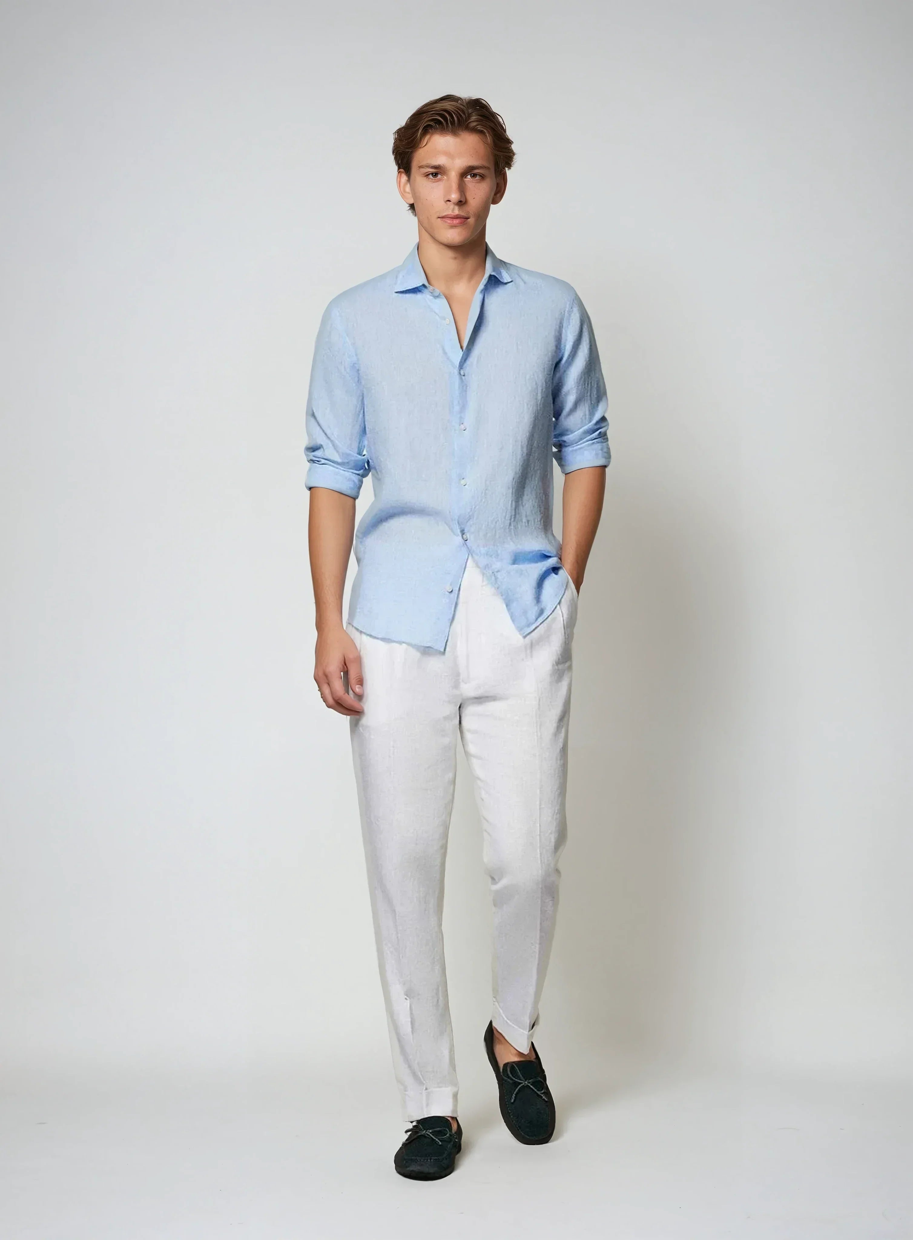 Men's Linen Shirt Camp Collar Long Sleeve Relaxed Fit Warm Weather