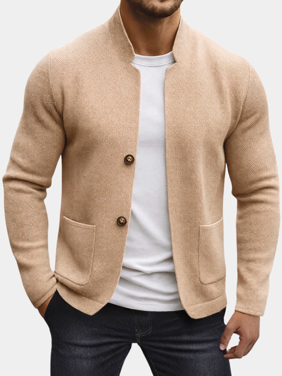 Men's Textured Knit Cardigan Mandarin Collar Patch Pockets