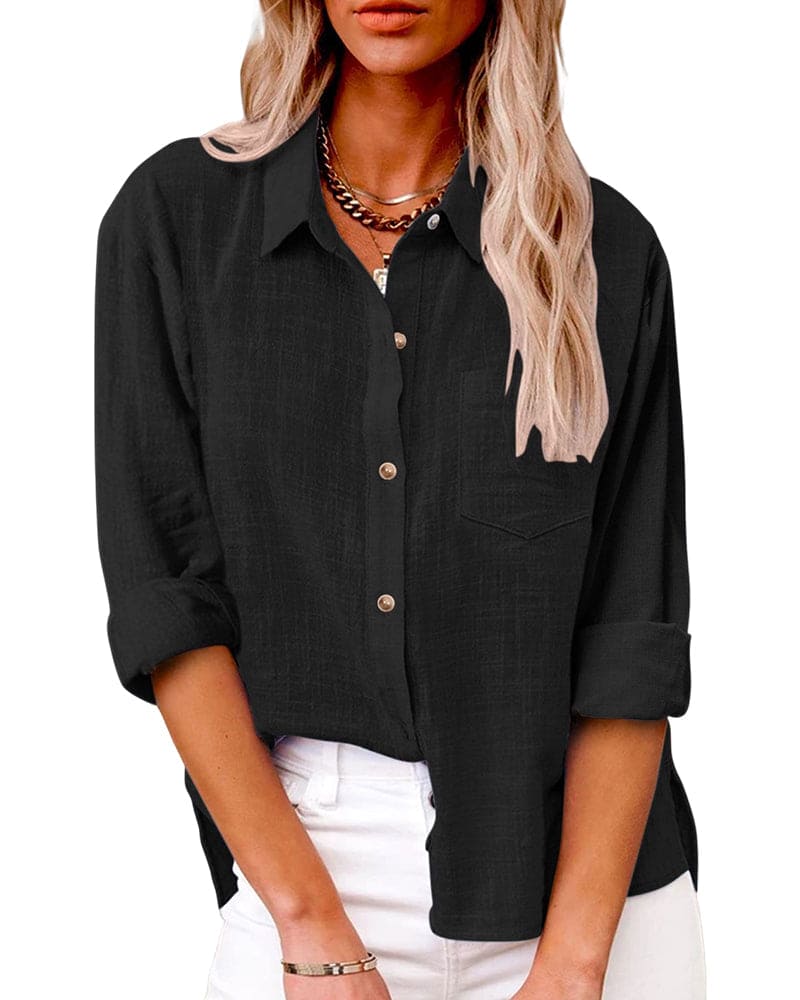 Women's Oversized Long Sleeve Shirt with Chest Pocket and Roll-Up Sleeves